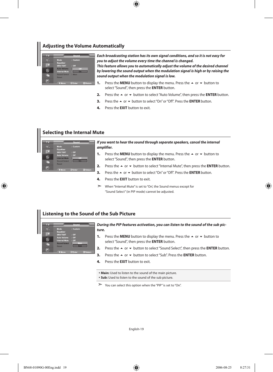 Adjusting the volume automatically, Selecting the internal mute, Listening to the sound of the sub picture | Samsung LE40M71B User Manual | Page 21 / 320