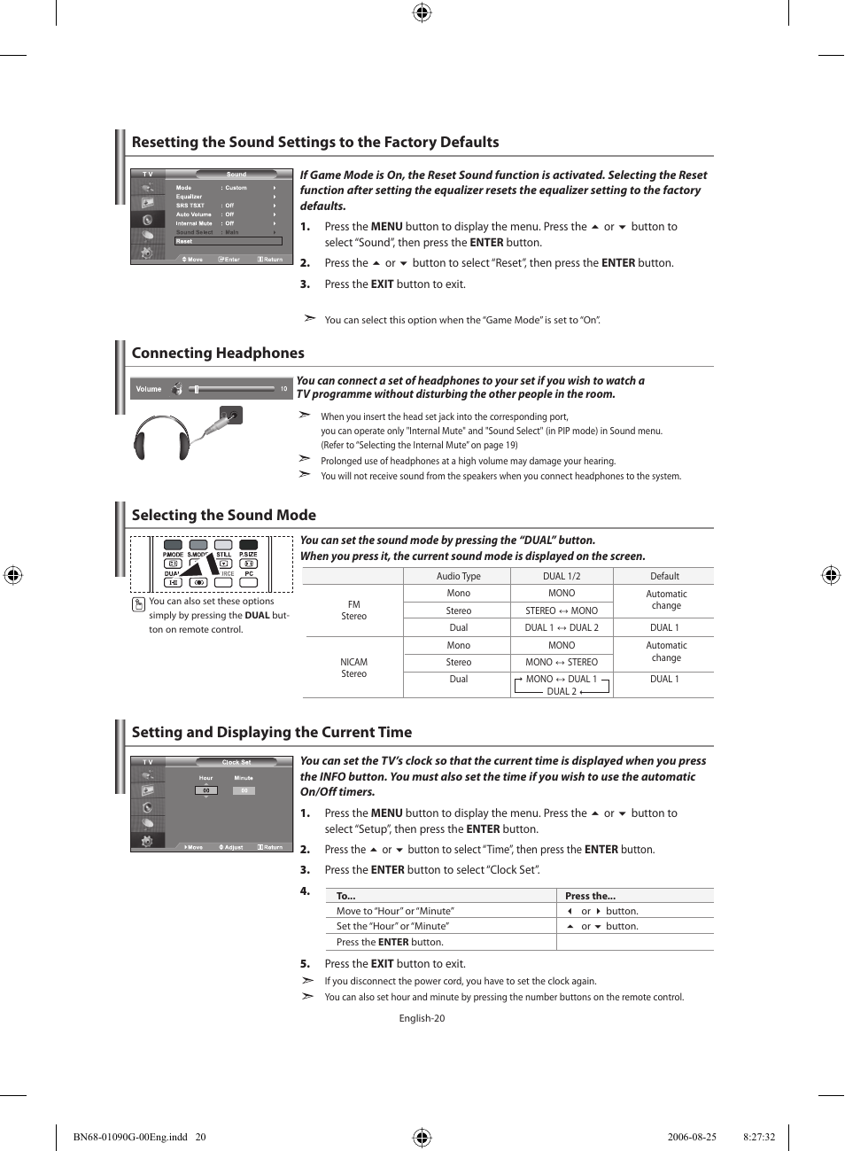 Connecting headphones, Selecting the sound mode, Setting the time | Setting and displaying the current time | Samsung LE40M71B User Manual | Page 22 / 320