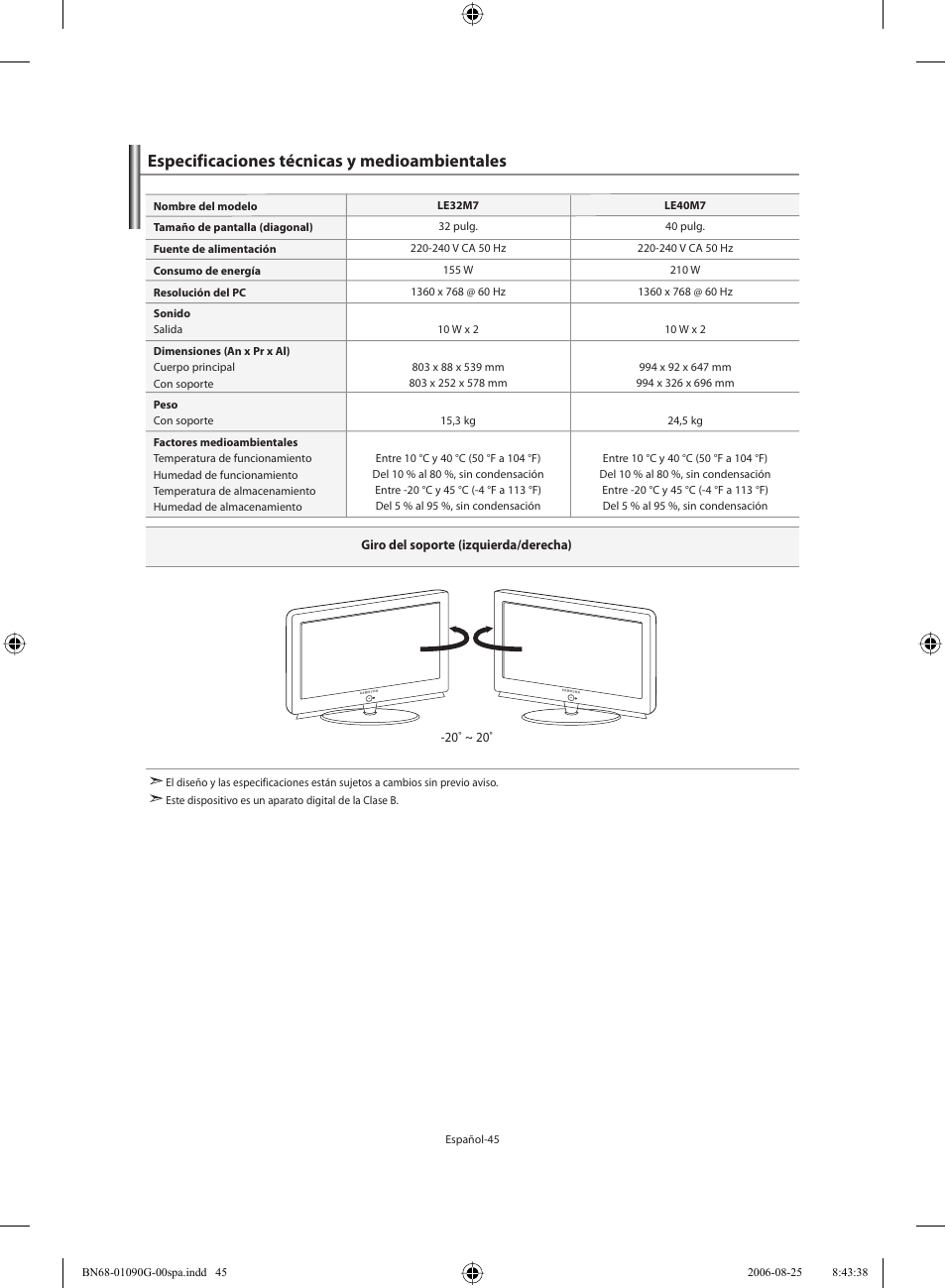 Especificaciones técnicas y medioambientales | Samsung LE40M71B User Manual | Page 227 / 320