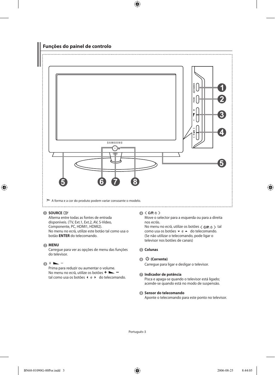 Funções do painel de controlo | Samsung LE40M71B User Manual | Page 230 / 320