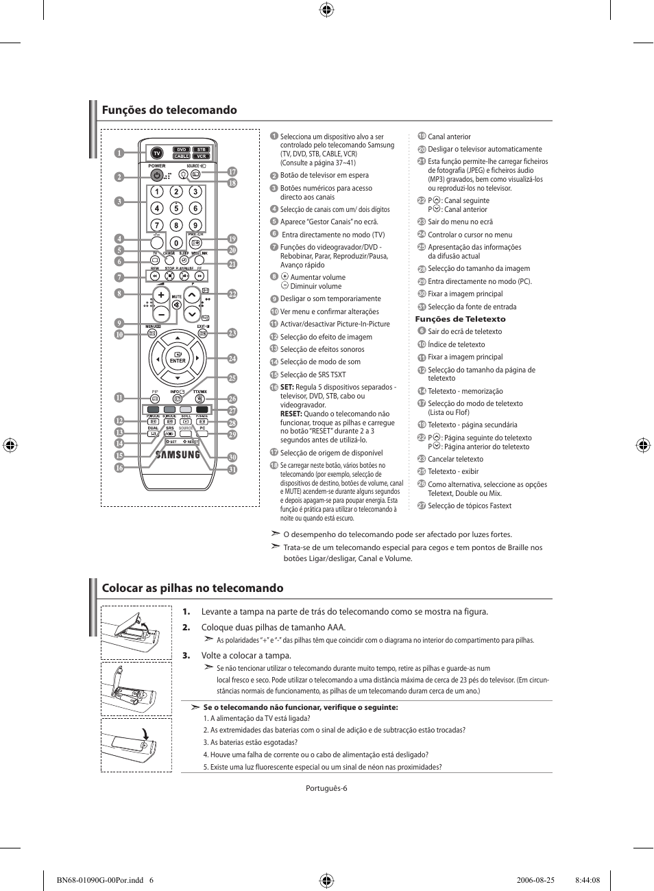 Colocar as pilhas no telecomando, Funções do telecomando | Samsung LE40M71B User Manual | Page 233 / 320