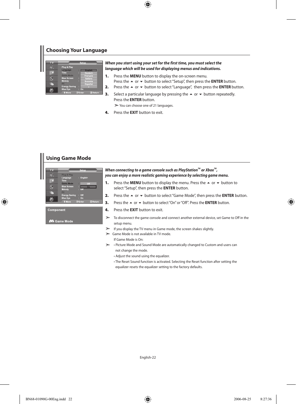 Setting the others, Choosing your language, Using game mode | Using game mode choosing your language | Samsung LE40M71B User Manual | Page 24 / 320