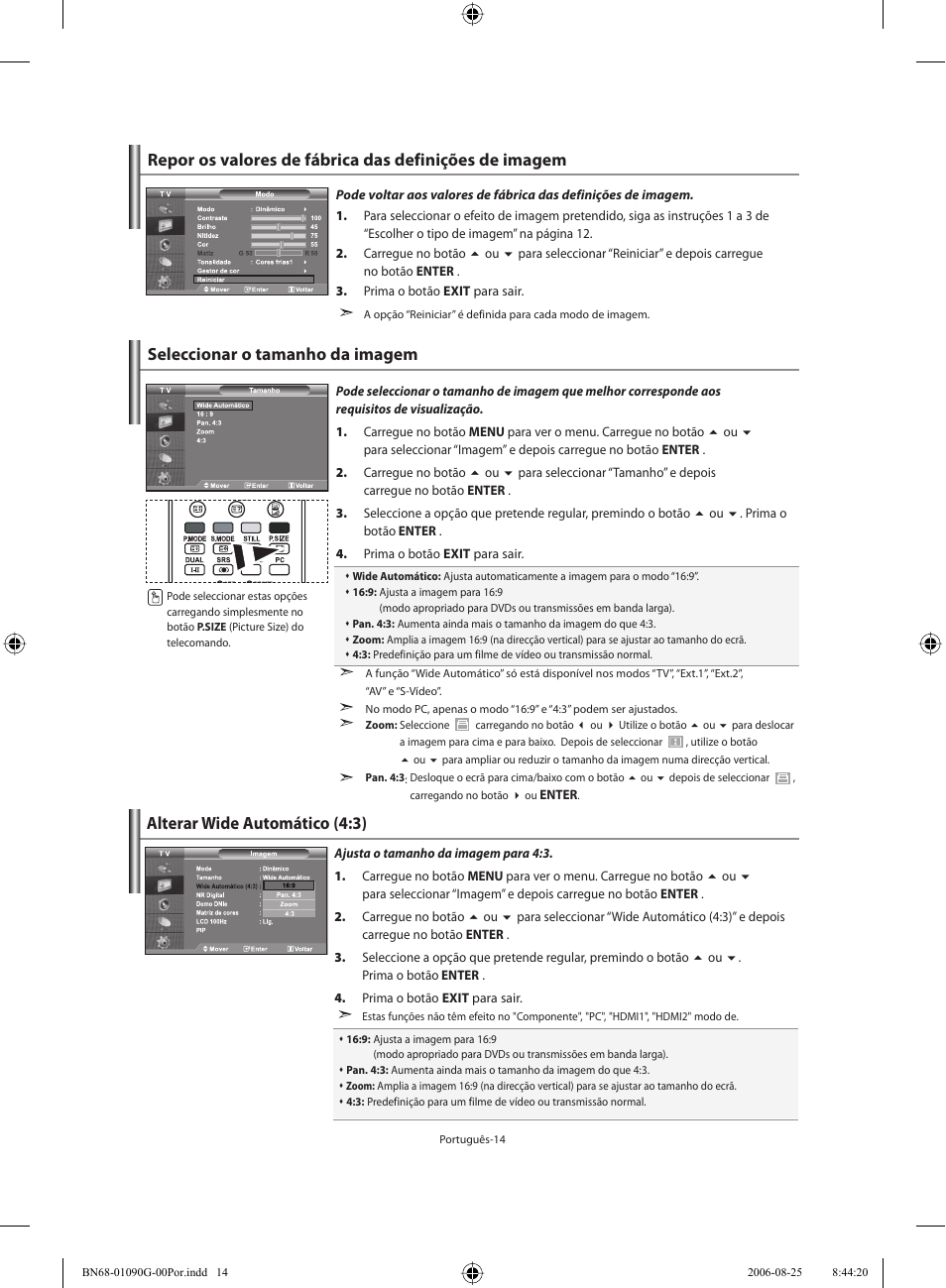 Seleccionar o tamanho da imagem, Alterar wide automático (4:3) | Samsung LE40M71B User Manual | Page 241 / 320
