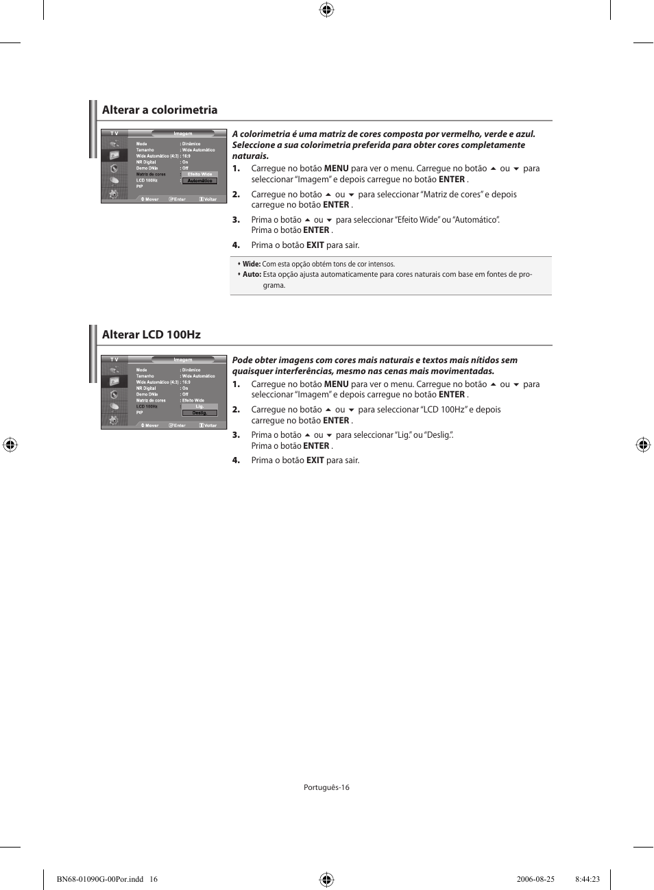 Alterar lcd 100hz, Alterar a colorimetria | Samsung LE40M71B User Manual | Page 243 / 320