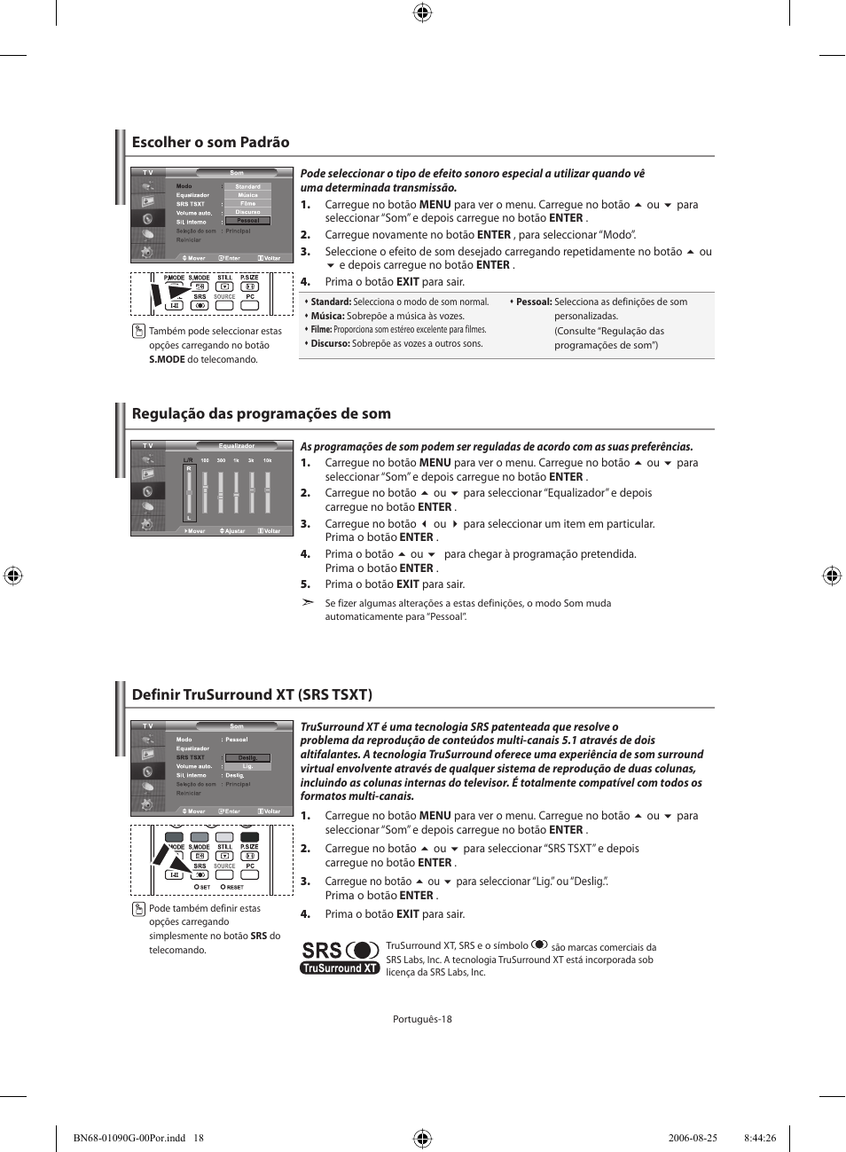 Escolher o som padrão, Regulação das programações de som, Definir trusurround xt (srs tsxt) | Samsung LE40M71B User Manual | Page 245 / 320