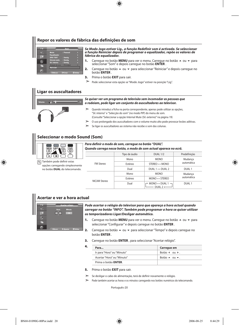 Ligar os auscultadores, Seleccionar o modo sound (som) | Samsung LE40M71B User Manual | Page 247 / 320