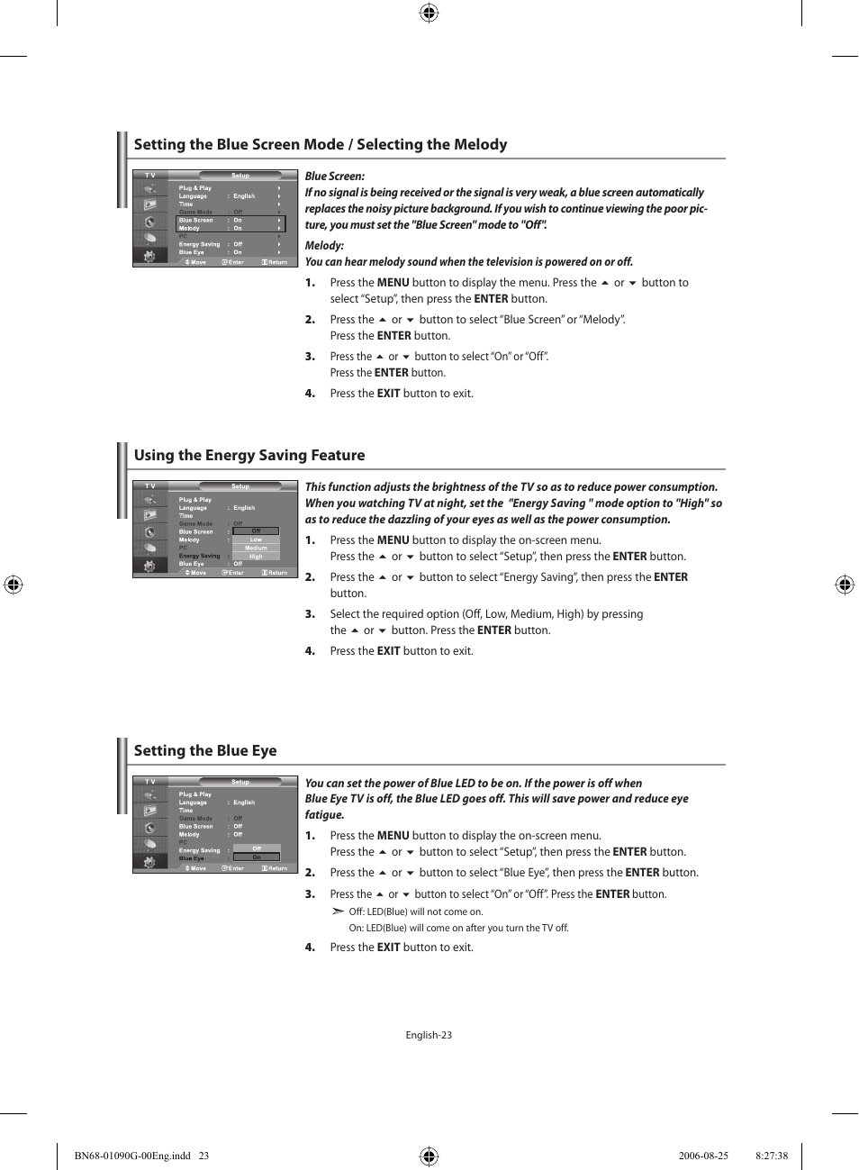 Using the energy saving feature, Setting the blue eye | Samsung LE40M71B User Manual | Page 25 / 320