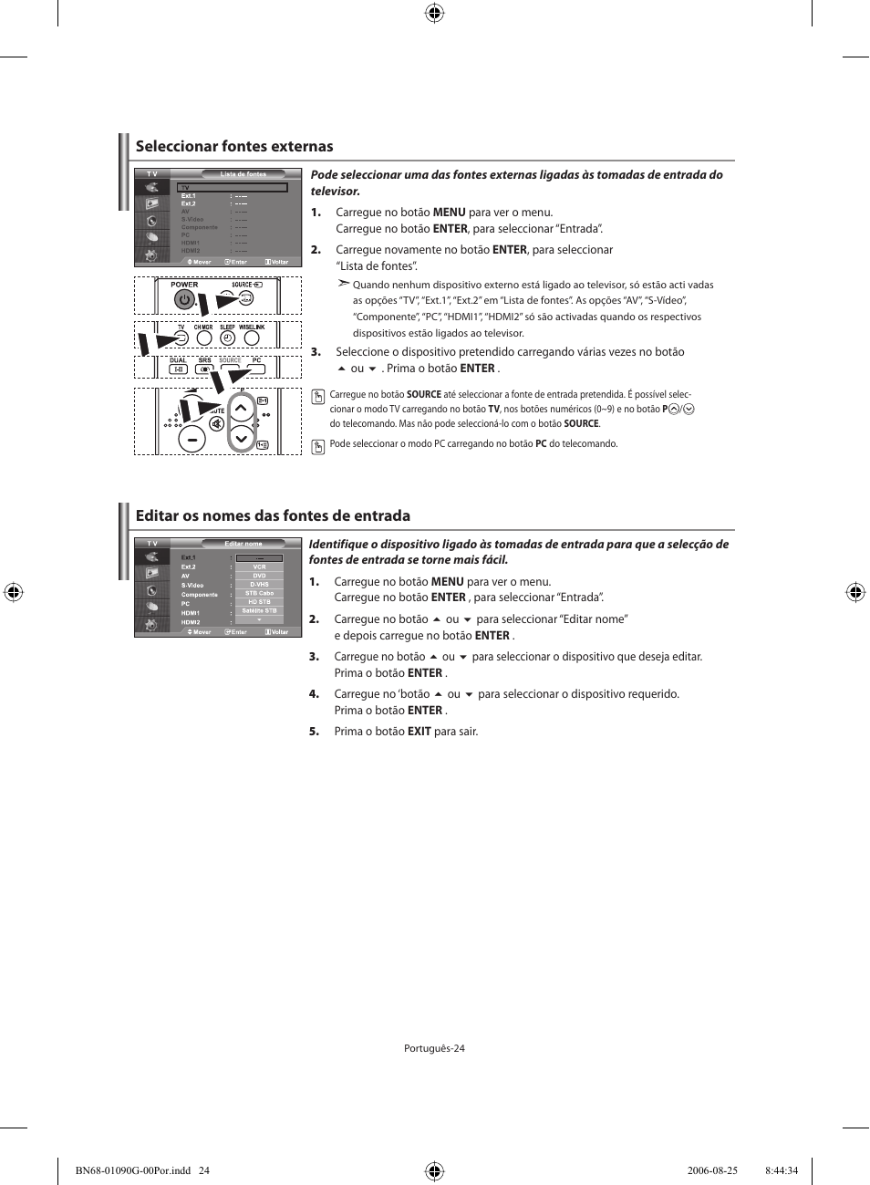 Seleccionar fontes externas, Editar os nomes das fontes de entrada | Samsung LE40M71B User Manual | Page 251 / 320