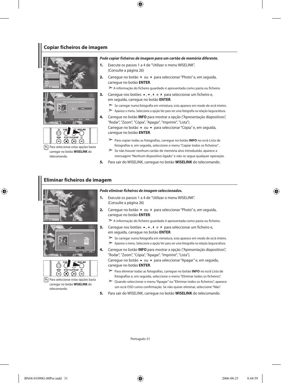 Copiar ficheiros de imagem, Eliminar ficheiros de imagem | Samsung LE40M71B User Manual | Page 258 / 320