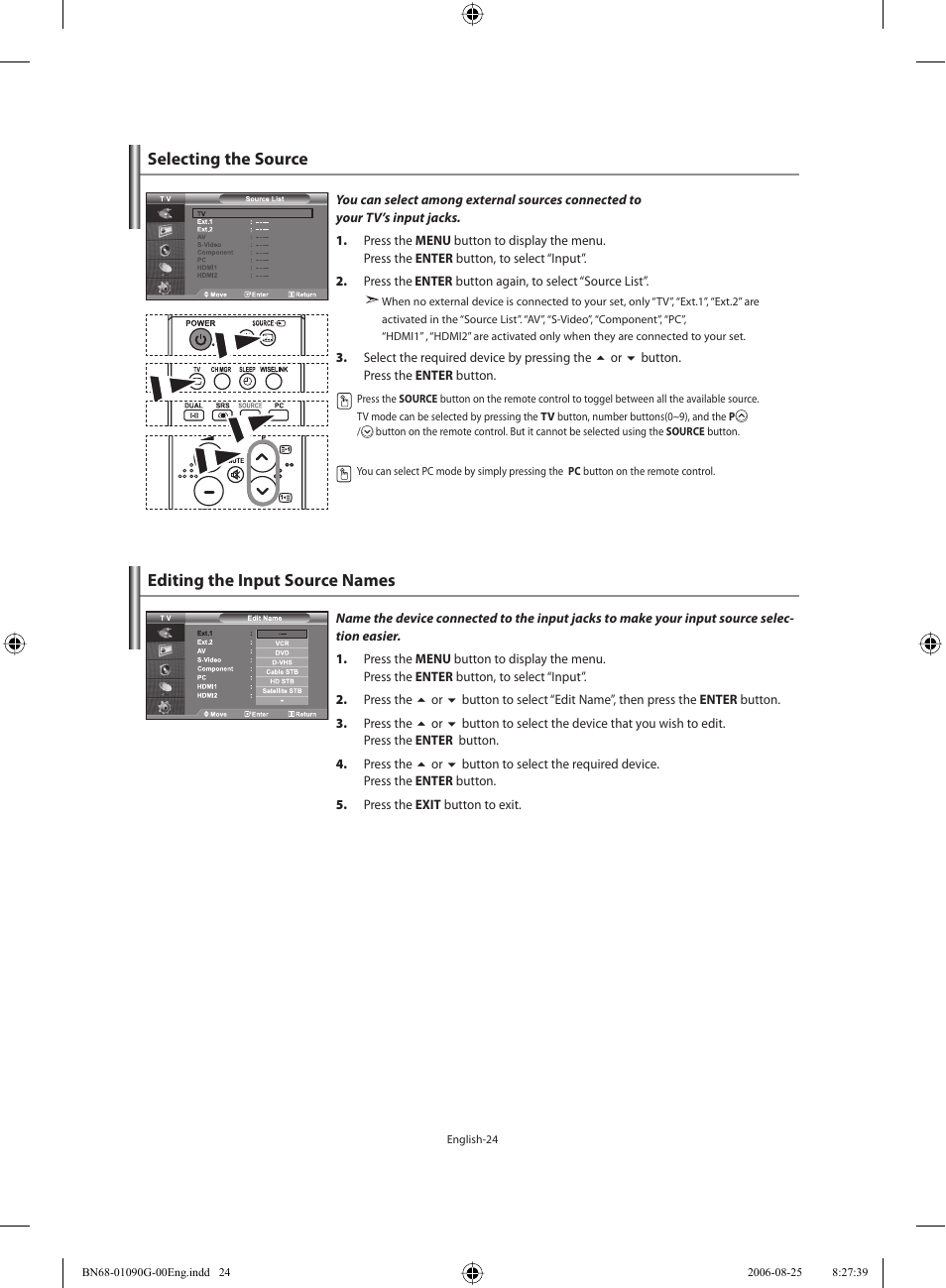 Selecting the source, Editing the input source names | Samsung LE40M71B User Manual | Page 26 / 320