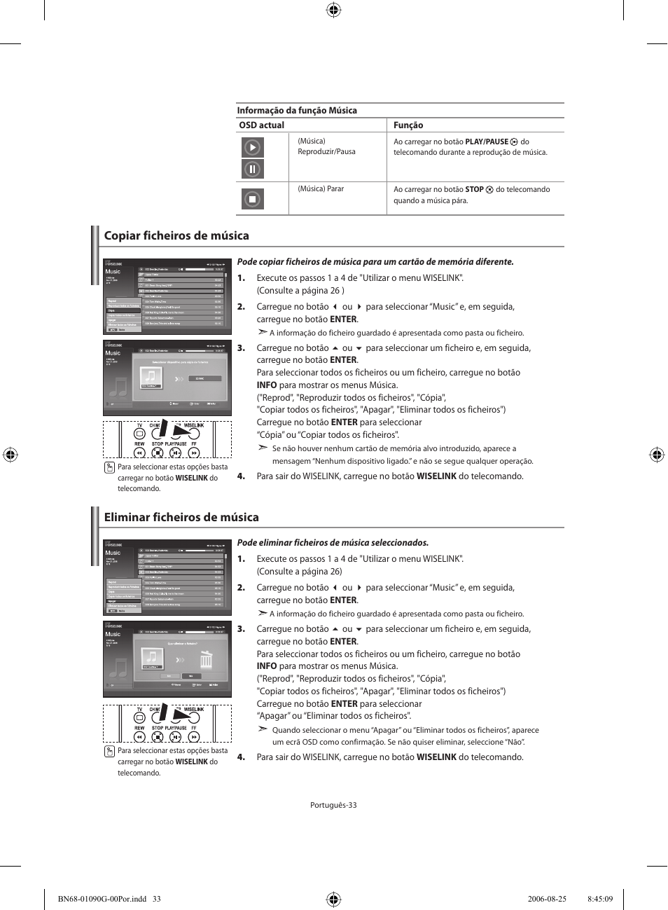 Copiar ficheiros de música, Eliminar ficheiros de música | Samsung LE40M71B User Manual | Page 260 / 320
