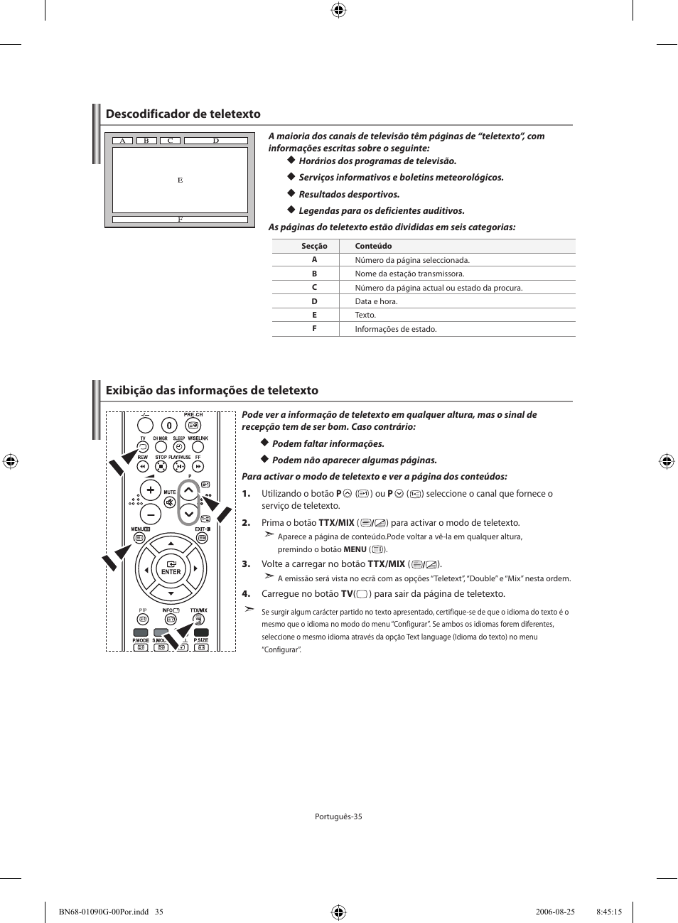 Descodificador de teletexto, Exibição das informações de teletexto | Samsung LE40M71B User Manual | Page 262 / 320
