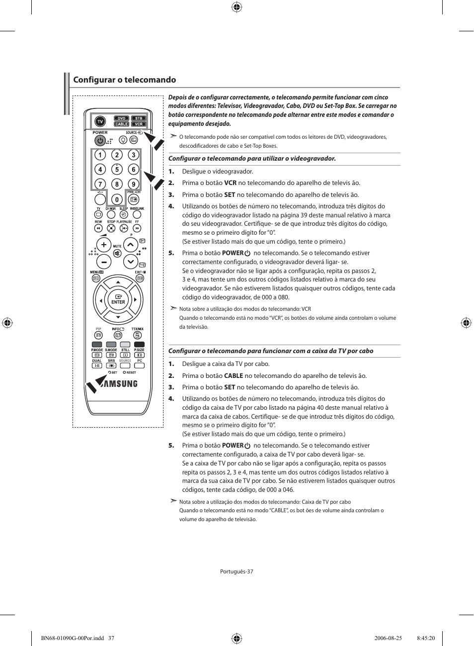 Configurar o telecomando | Samsung LE40M71B User Manual | Page 264 / 320