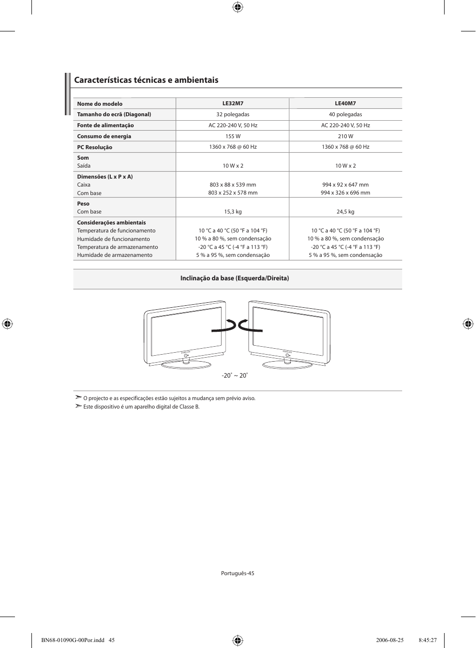Características técnicas e ambientais | Samsung LE40M71B User Manual | Page 272 / 320