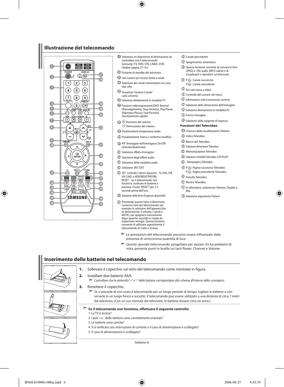 Inserimento delle batterie nel telecomando, Illustrazione del telecomando | Samsung LE40M71B User Manual | Page 278 / 320