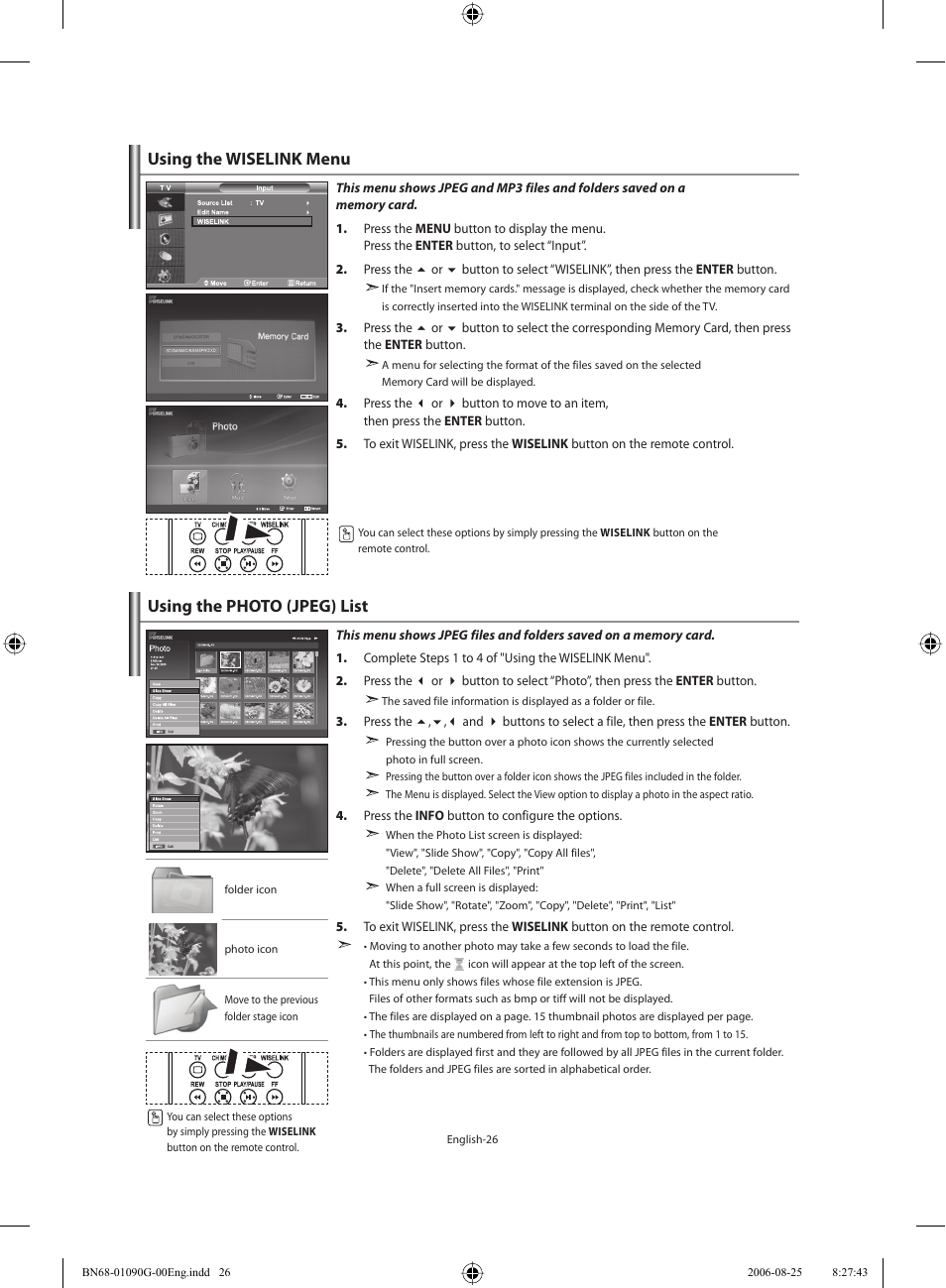 Using the wiselink menu, Using the photo (jpeg) list | Samsung LE40M71B User Manual | Page 28 / 320