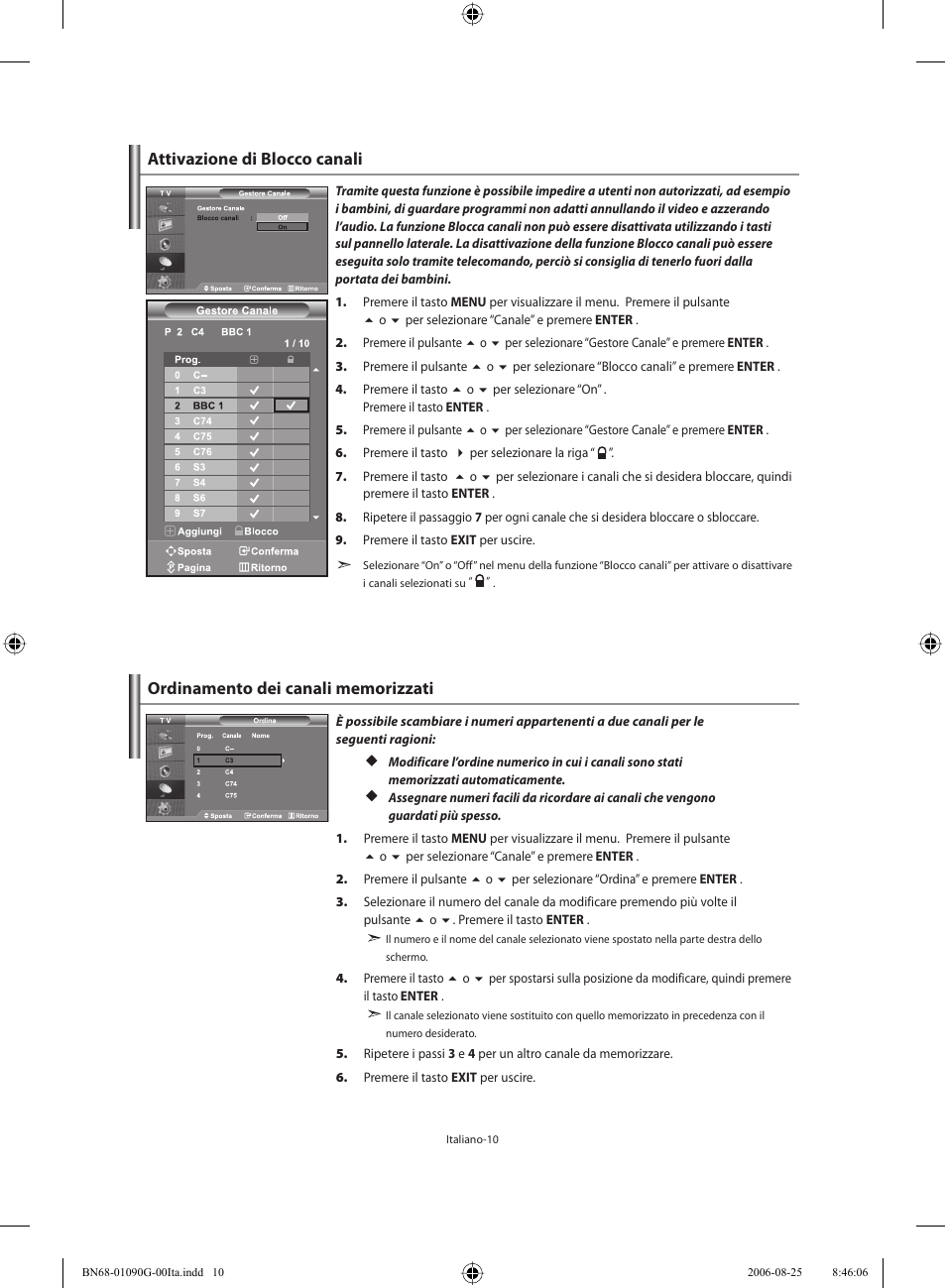 Attivazione di blocco canali | Samsung LE40M71B User Manual | Page 282 / 320