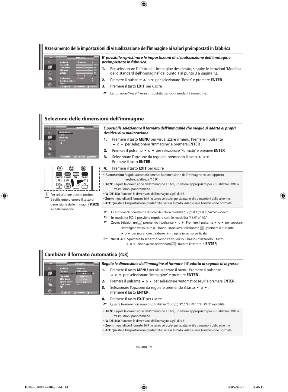 Selezione delle dimensioni dell’immagine, Cambiare il formato automatico (4:3) | Samsung LE40M71B User Manual | Page 286 / 320