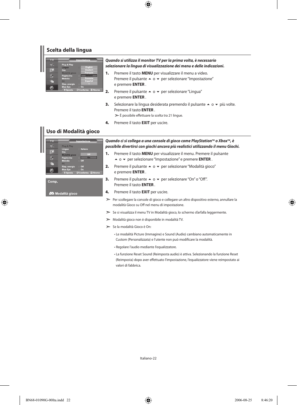 Scelta della lingua, Uso di modalità gioco | Samsung LE40M71B User Manual | Page 294 / 320