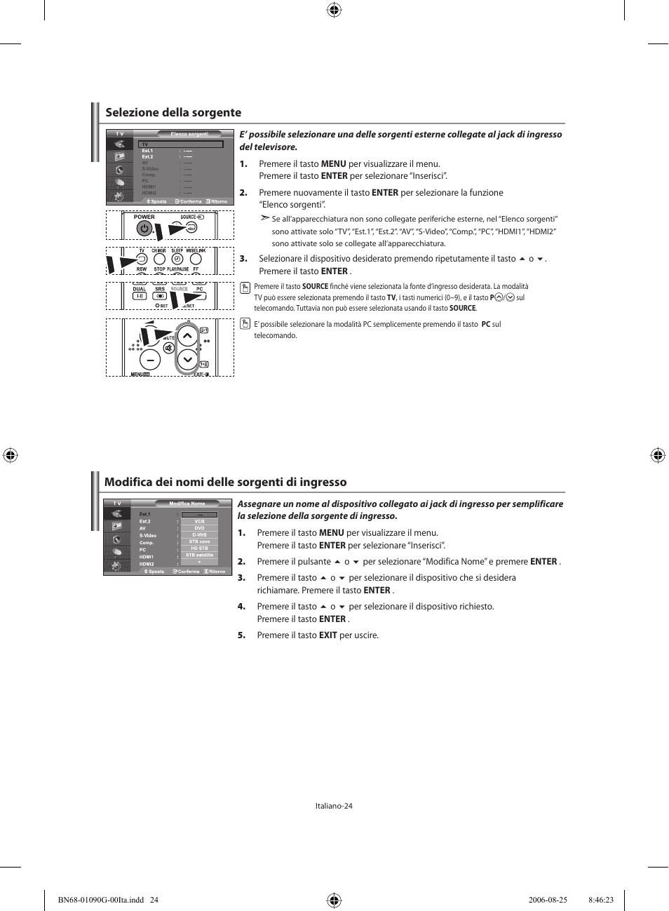Selezione della sorgente, Modifica dei nomi delle sorgenti di ingresso | Samsung LE40M71B User Manual | Page 296 / 320