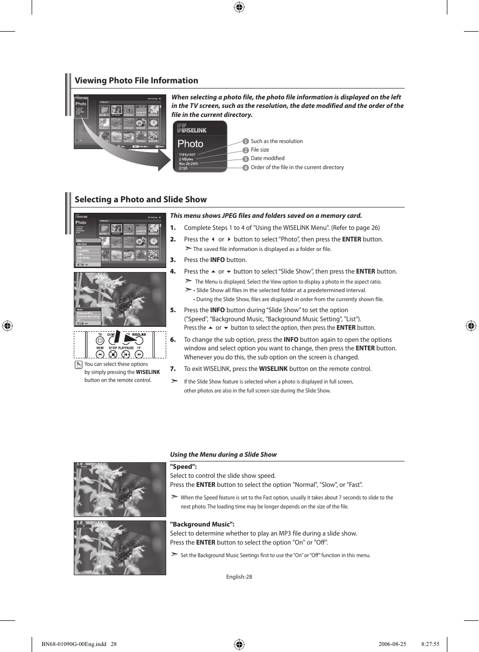 Viewing photo file information, Selecting a photo and slide show | Samsung LE40M71B User Manual | Page 30 / 320