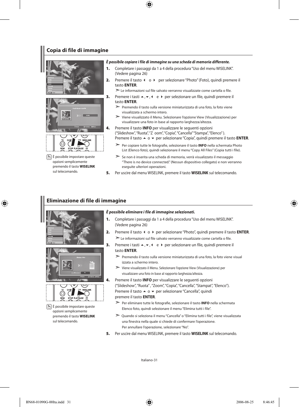 Copia di file di immagine, Eliminazione di file di immagine | Samsung LE40M71B User Manual | Page 303 / 320
