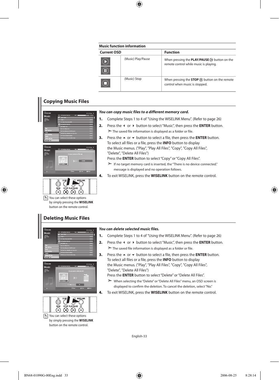 Copying music files, Deleting music files | Samsung LE40M71B User Manual | Page 35 / 320