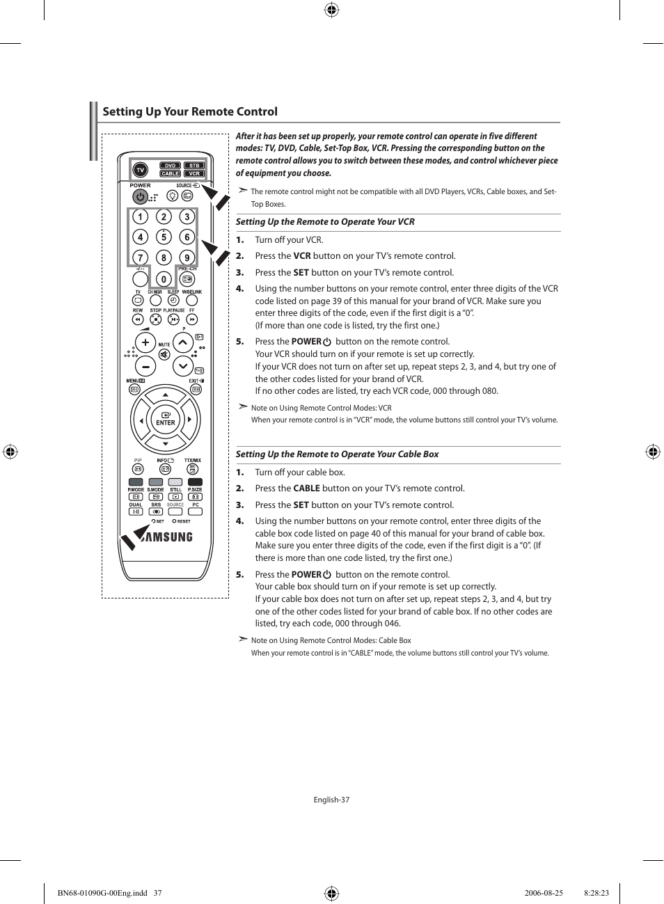 Setting up your remote control | Samsung LE40M71B User Manual | Page 39 / 320