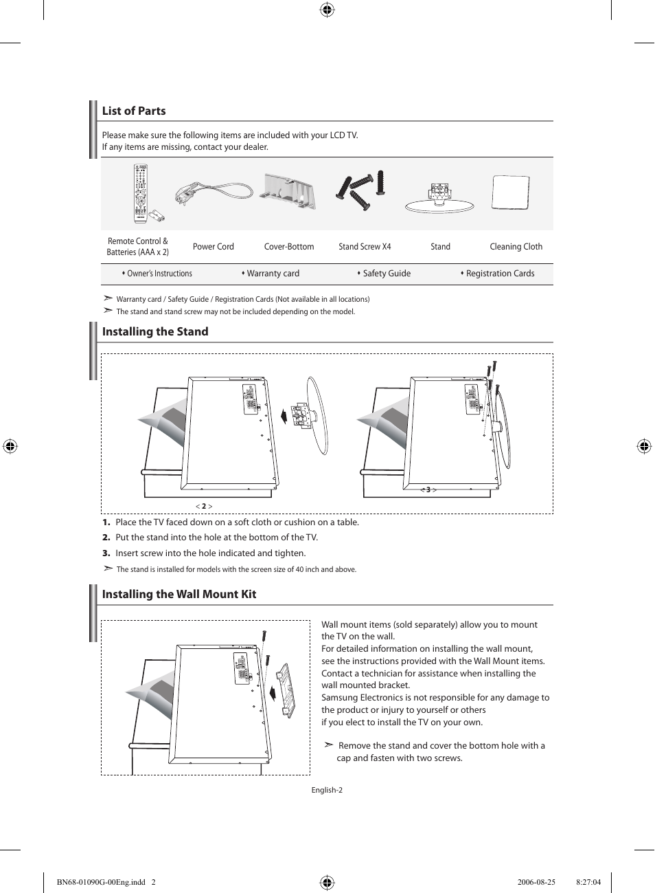 Connecting and preparing your tv, List of parts, Installing the stand | Installing the wall mount kit | Samsung LE40M71B User Manual | Page 4 / 320