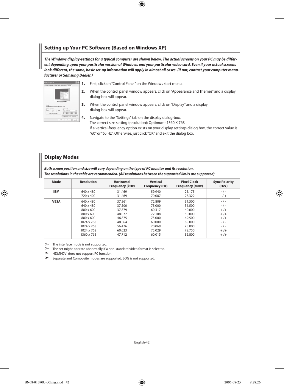 Setting the pc, Setting up your pc software (based on windows xp), Display modes | Samsung LE40M71B User Manual | Page 44 / 320