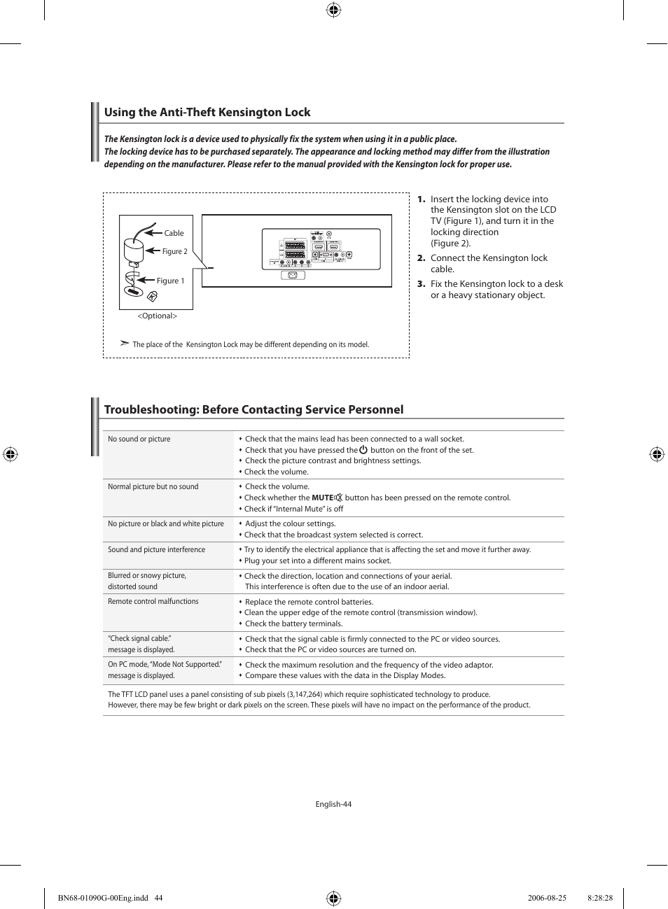 Recommendations for use, Using the anti-theft kensington lock | Samsung LE40M71B User Manual | Page 46 / 320