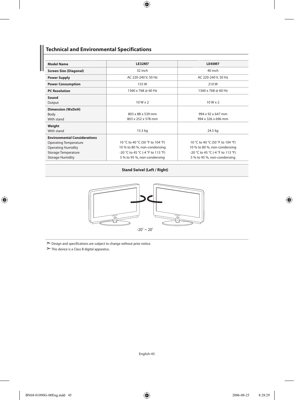 Technical and environmental specifications | Samsung LE40M71B User Manual | Page 47 / 320