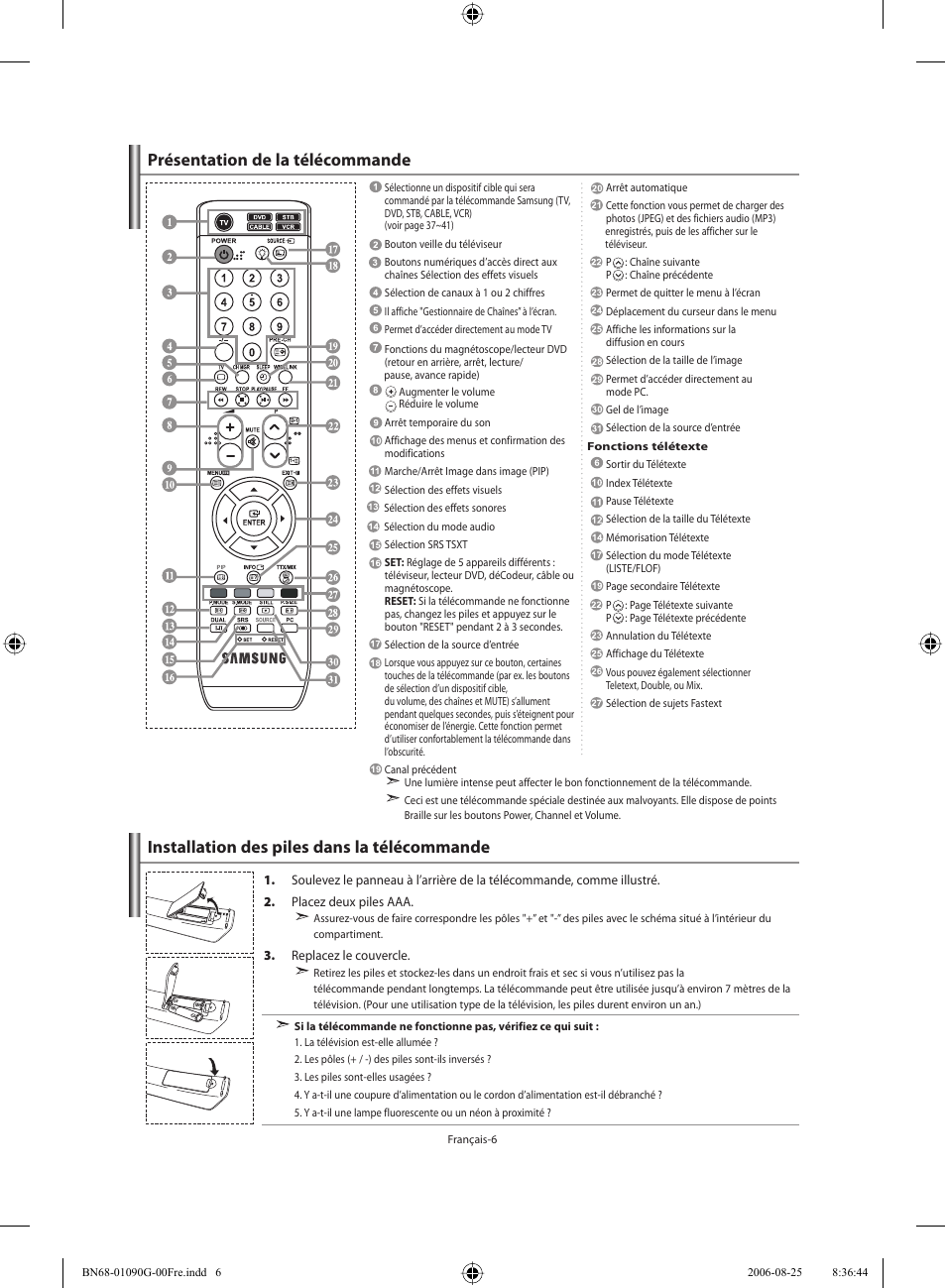 Installation des piles dans la télécommande, Présentation de la télécommande | Samsung LE40M71B User Manual | Page 53 / 320