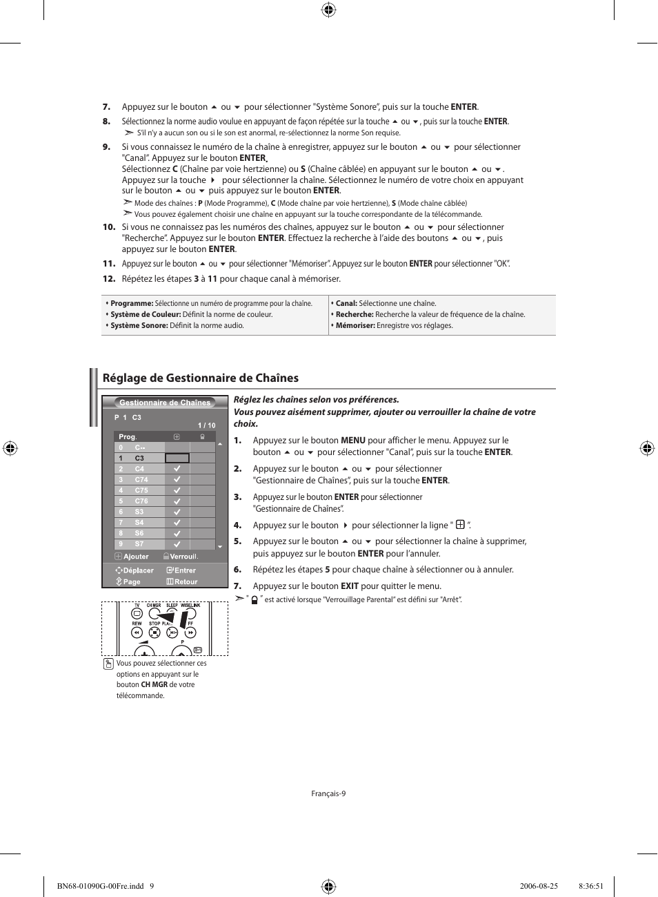 Réglage de gestionnaire de chaînes | Samsung LE40M71B User Manual | Page 56 / 320