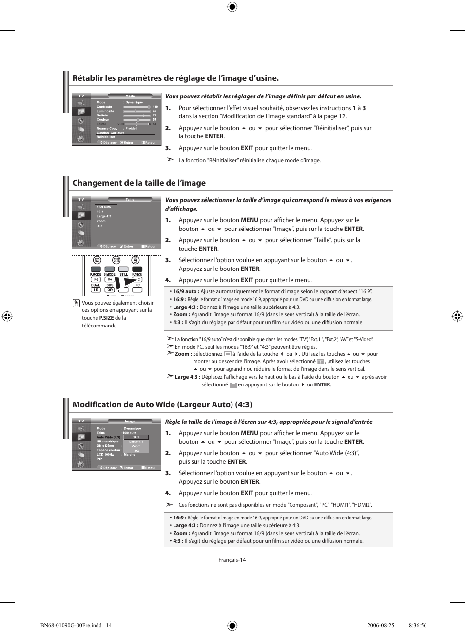 Changement de la taille de l’image, Modification de auto wide (largeur auto) (4:3) | Samsung LE40M71B User Manual | Page 61 / 320