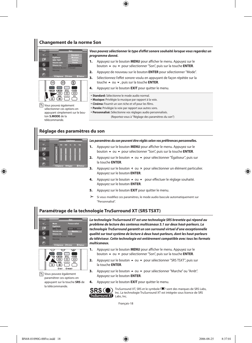 Changement de la norme son, Réglage des paramètres du son | Samsung LE40M71B User Manual | Page 65 / 320