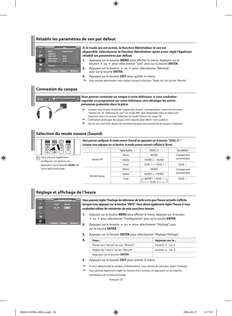 Rétablir les paramètres de son par défaut, Réglage et affichage de l’heure, Connexion du casque | Sélection du mode sonore (sound) | Samsung LE40M71B User Manual | Page 67 / 320