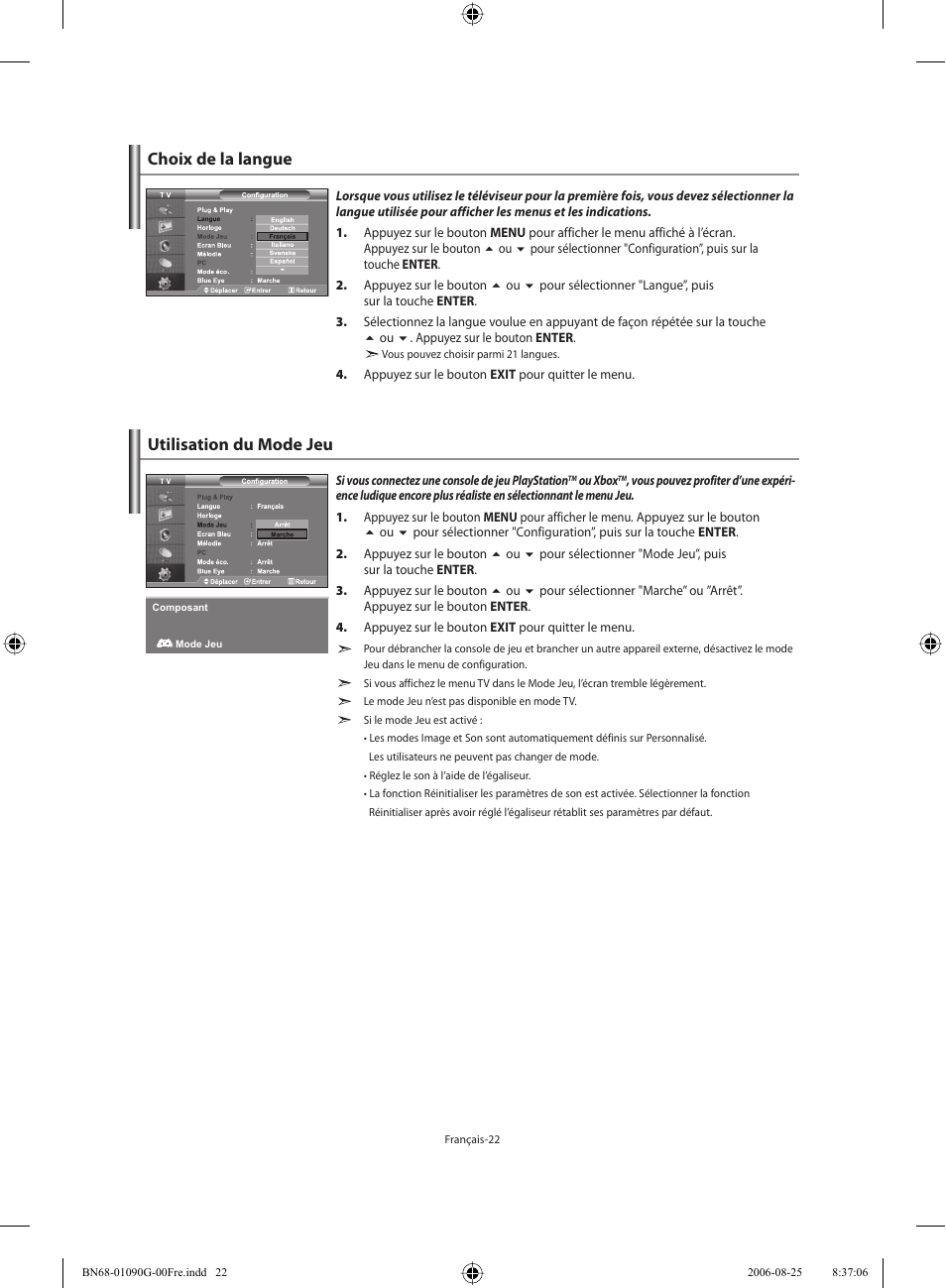 Choix de la langue, Utilisation du mode jeu | Samsung LE40M71B User Manual | Page 69 / 320