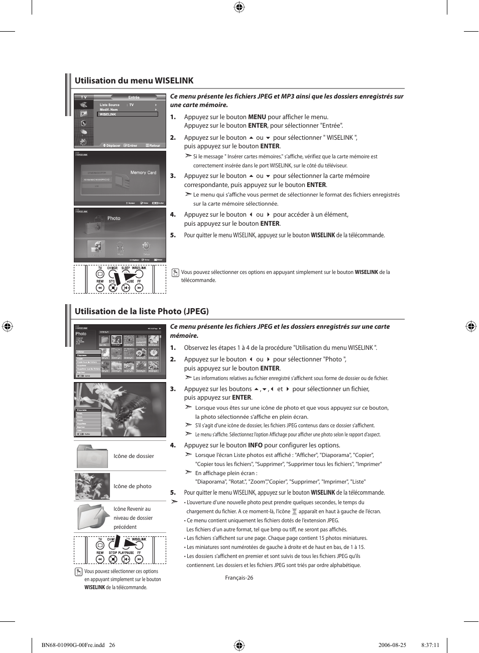 Utilisation du menu wiselink, Utilisation de la liste photo (jpeg) | Samsung LE40M71B User Manual | Page 73 / 320