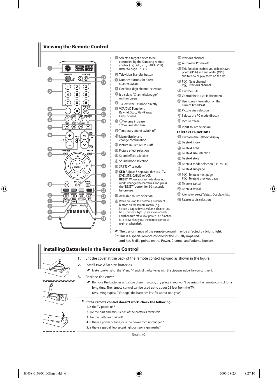 Viewing the remote control, Installing batteries in the remote control | Samsung LE40M71B User Manual | Page 8 / 320