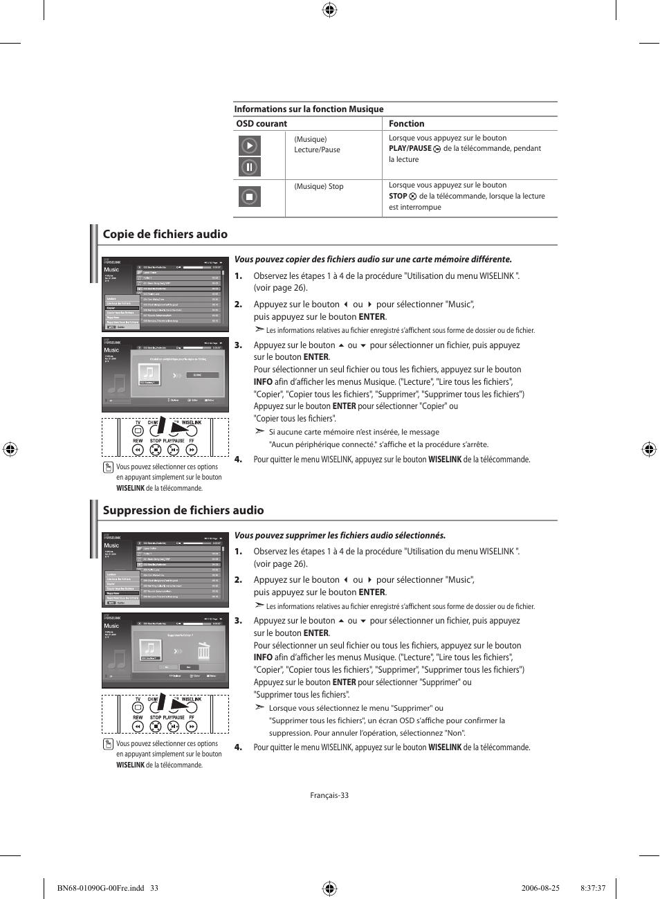 Copie de fichiers audio, Suppression de fichiers audio | Samsung LE40M71B User Manual | Page 80 / 320