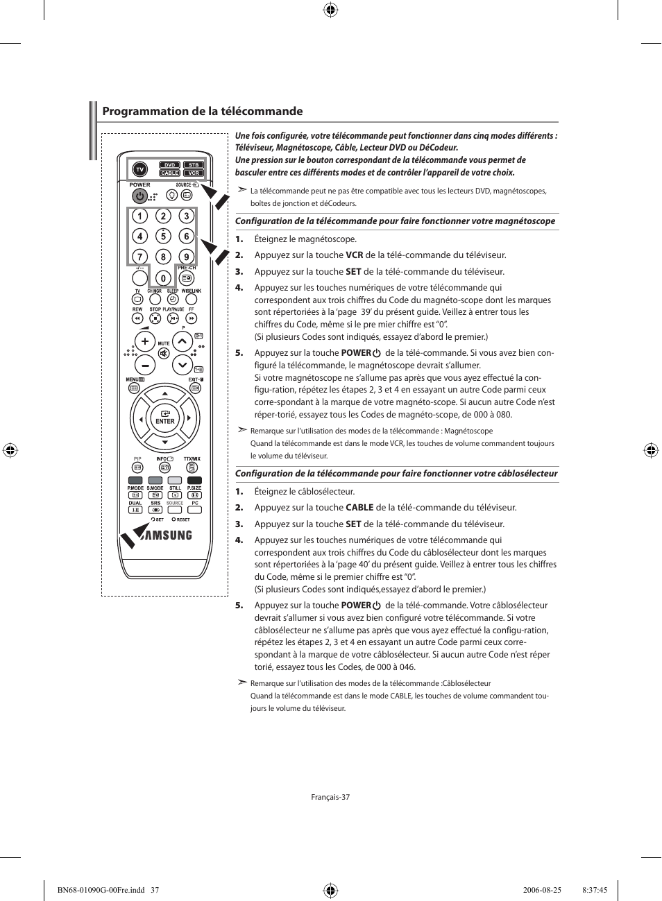 Programmation de la télécommande | Samsung LE40M71B User Manual | Page 84 / 320