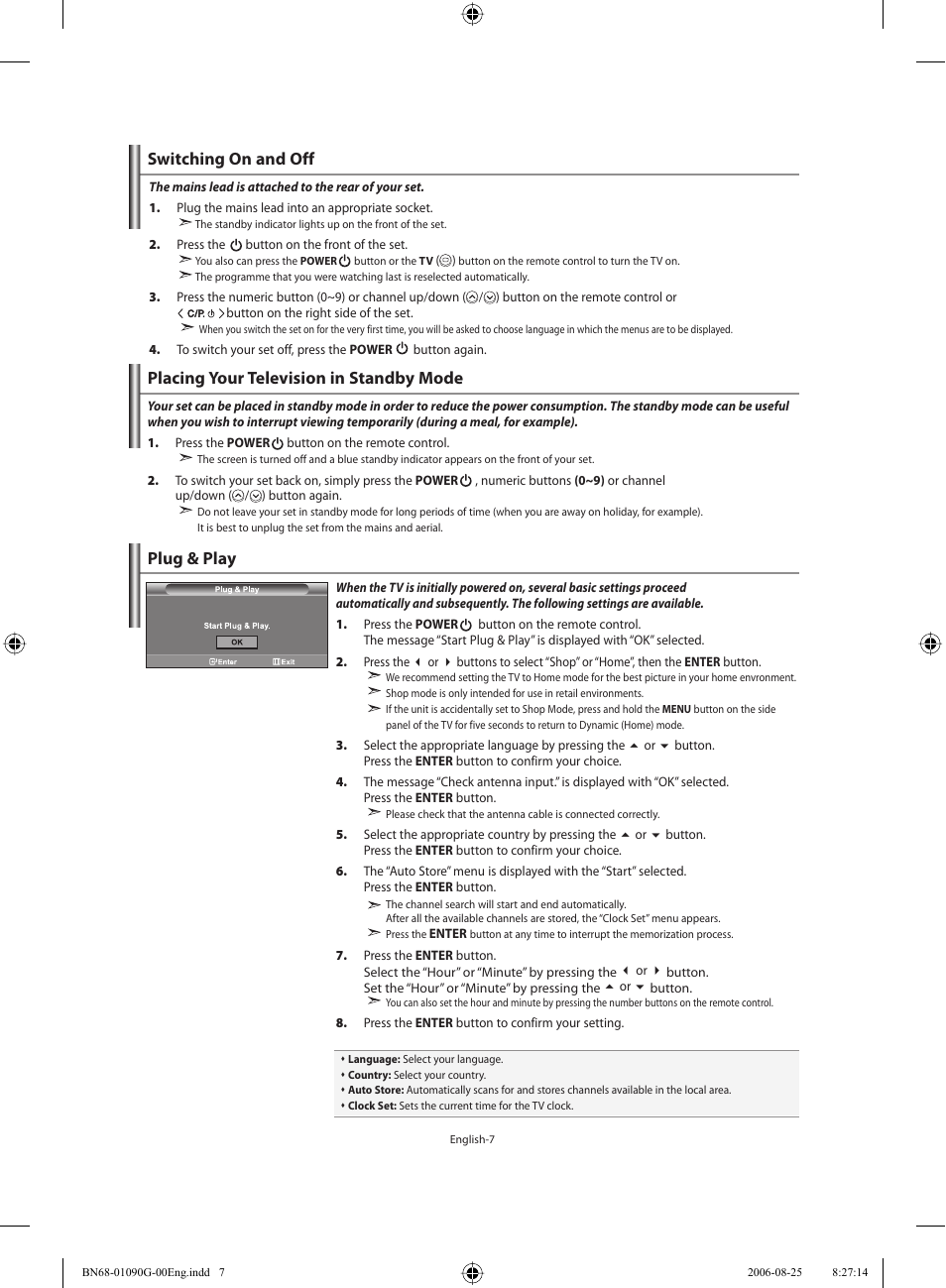 Switching on and off, Placing your television in standby mode, Plug & play | Samsung LE40M71B User Manual | Page 9 / 320