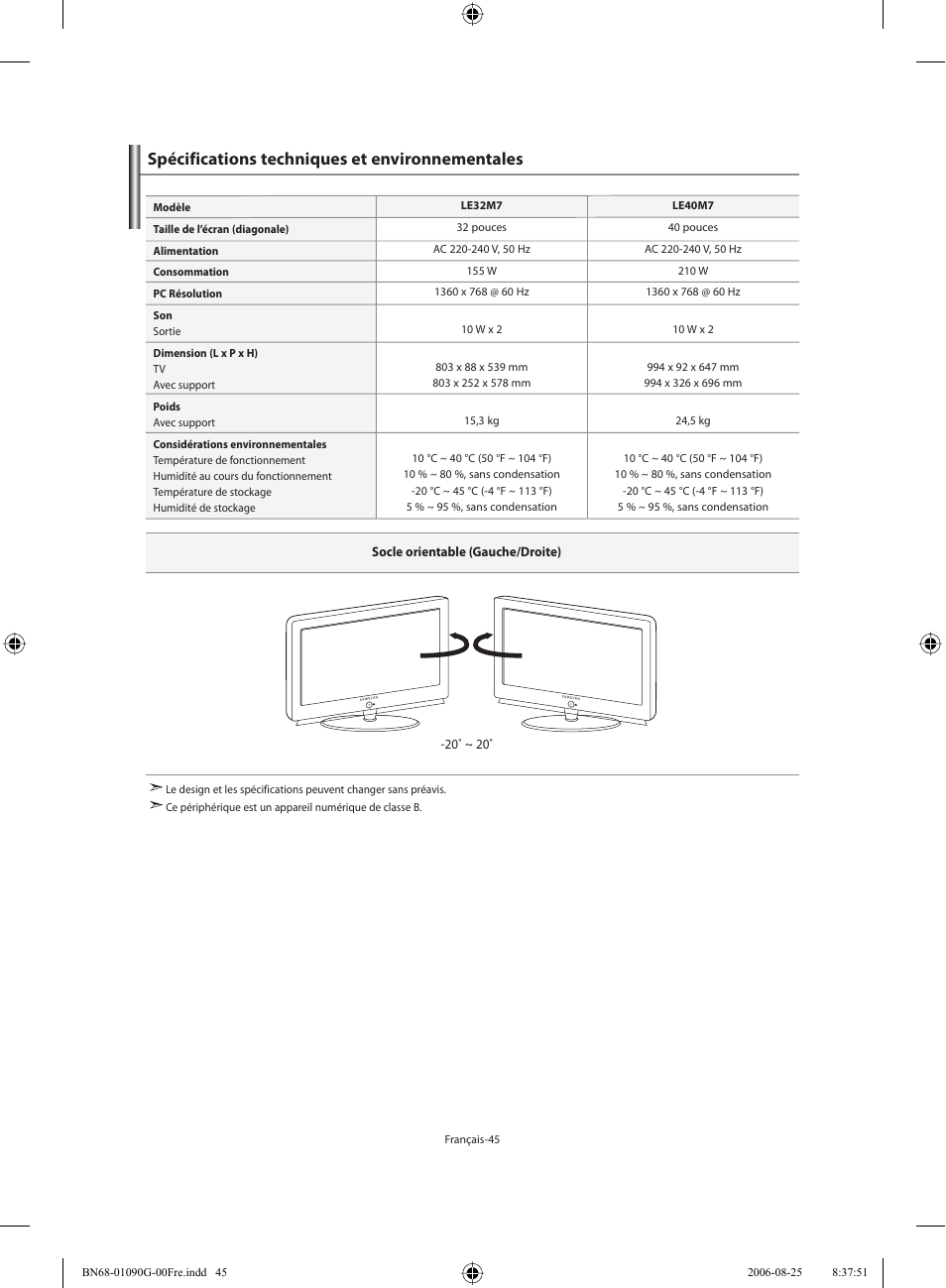 Spécifications techniques et environnementales | Samsung LE40M71B User Manual | Page 92 / 320