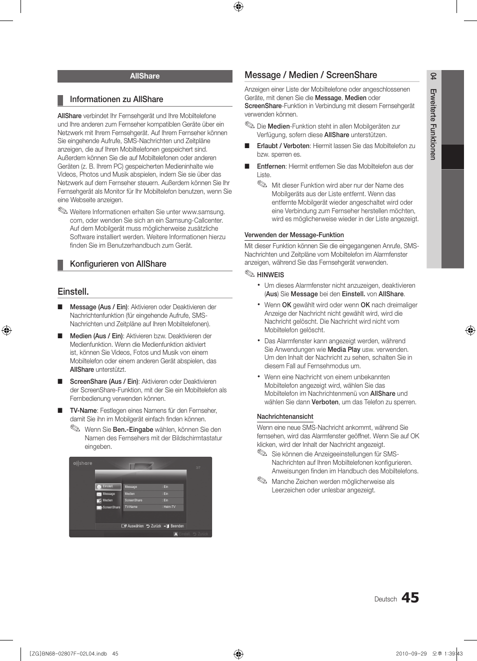 Einstell, Message / medien / screenshare | Samsung PS58C6500TW User Manual | Page 100 / 221