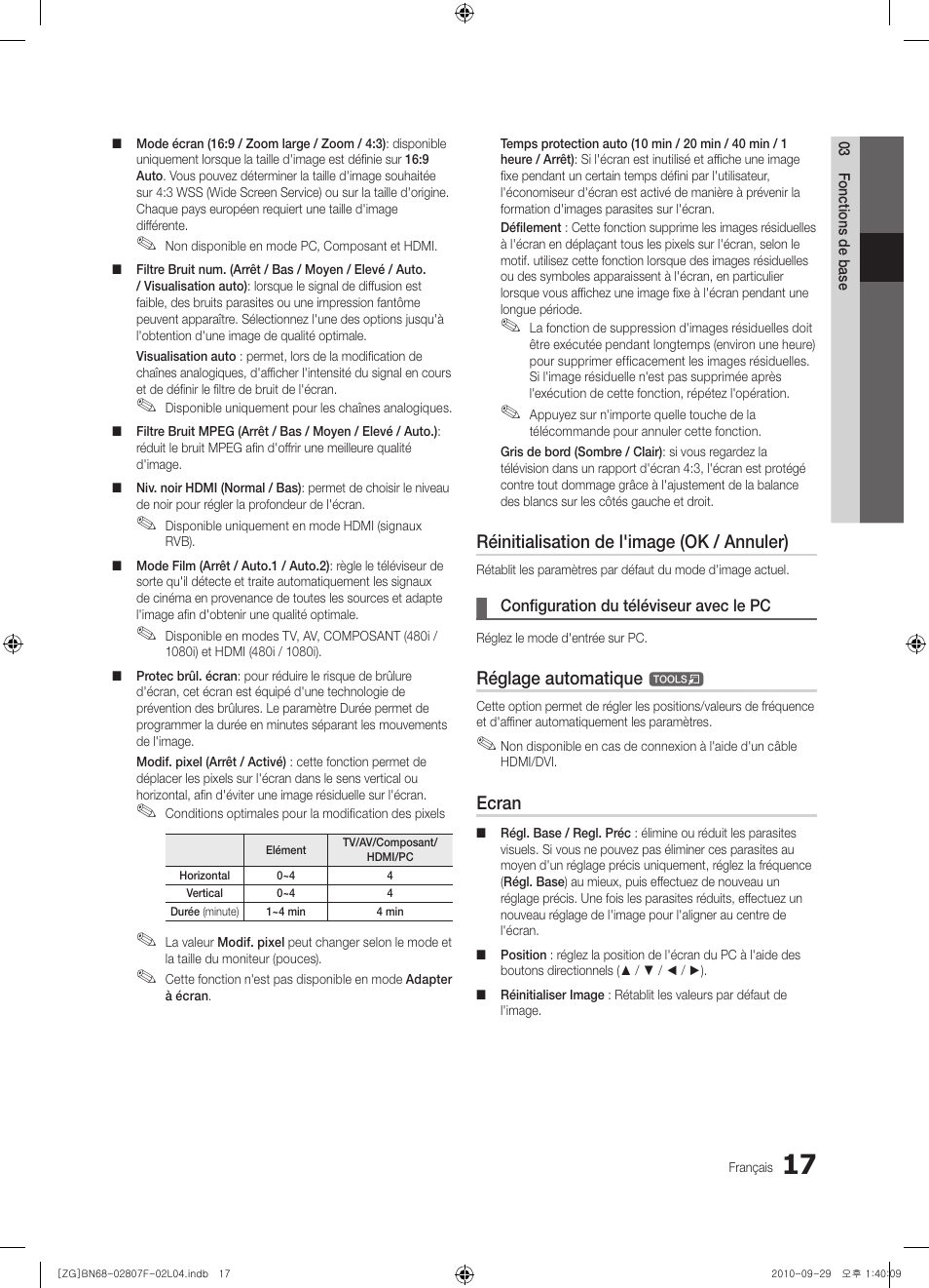 Réinitialisation de l'image (ok / annuler), Réglage automatique, Ecran | Samsung PS58C6500TW User Manual | Page 127 / 221