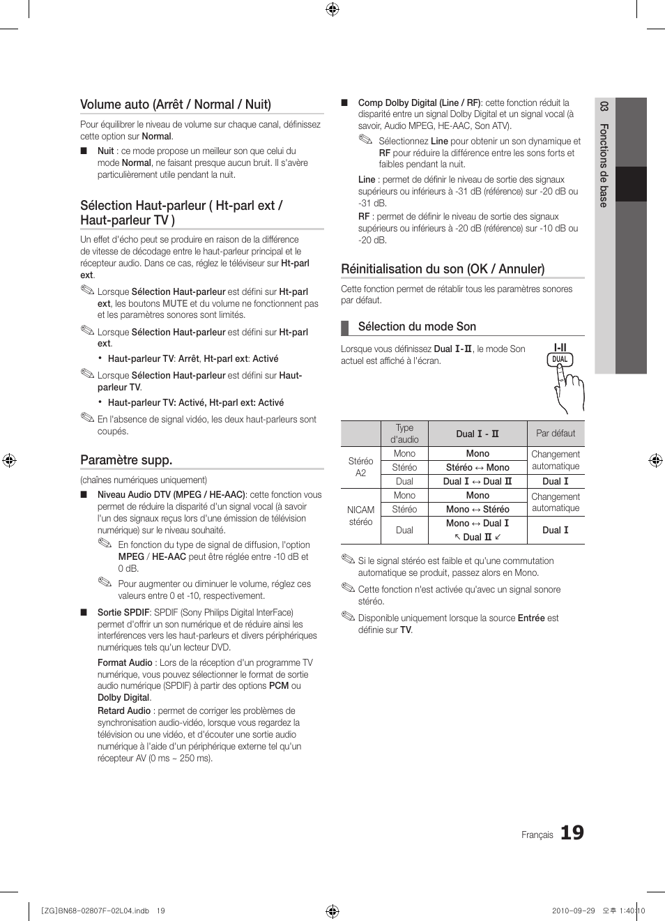 Volume auto (arrêt / normal / nuit), Paramètre supp, Réinitialisation du son (ok / annuler) | Samsung PS58C6500TW User Manual | Page 129 / 221