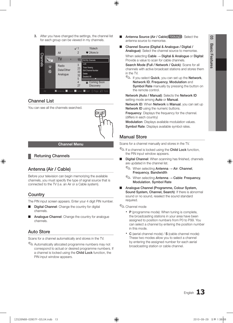 Channel list, Antenna (air / cable), Country | Auto store, Manual store | Samsung PS58C6500TW User Manual | Page 13 / 221