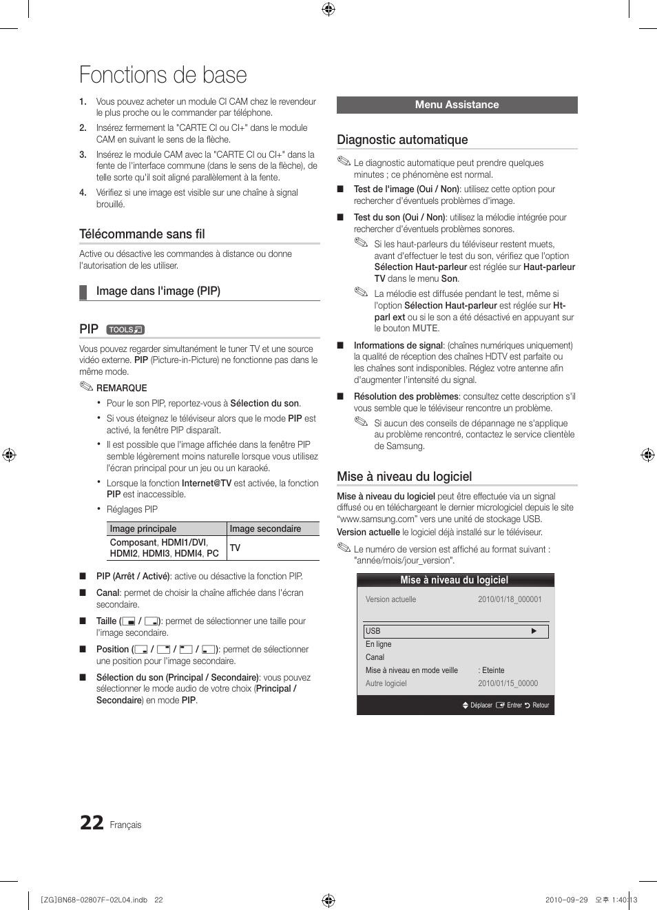 Fonctions de base, Télécommande sans fil, Diagnostic automatique | Mise à niveau du logiciel | Samsung PS58C6500TW User Manual | Page 132 / 221