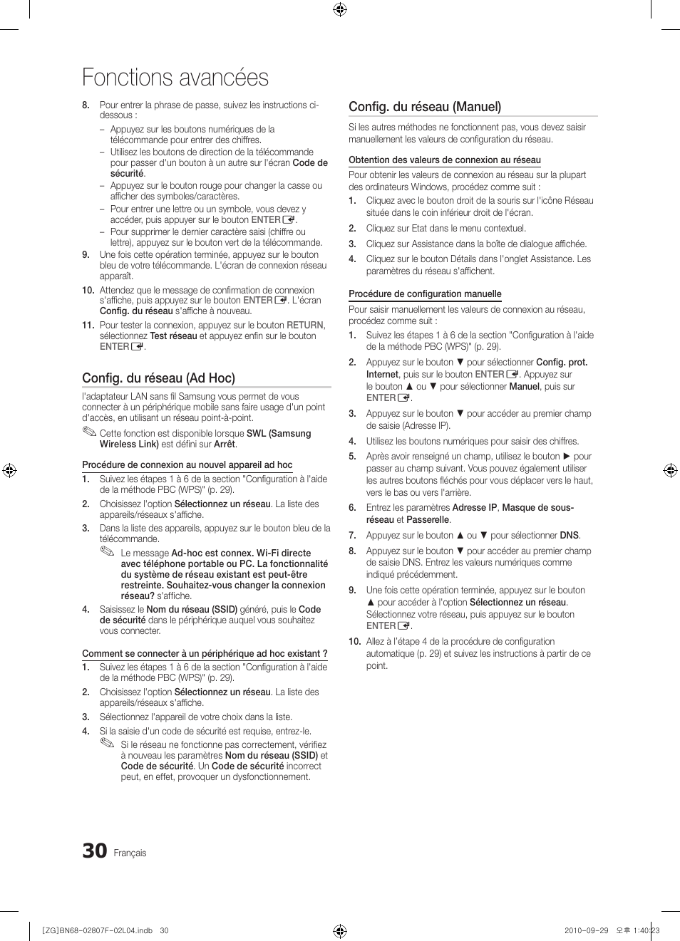Fonctions avancées, Config. du réseau (ad hoc), Config. du réseau (manuel) | Samsung PS58C6500TW User Manual | Page 140 / 221